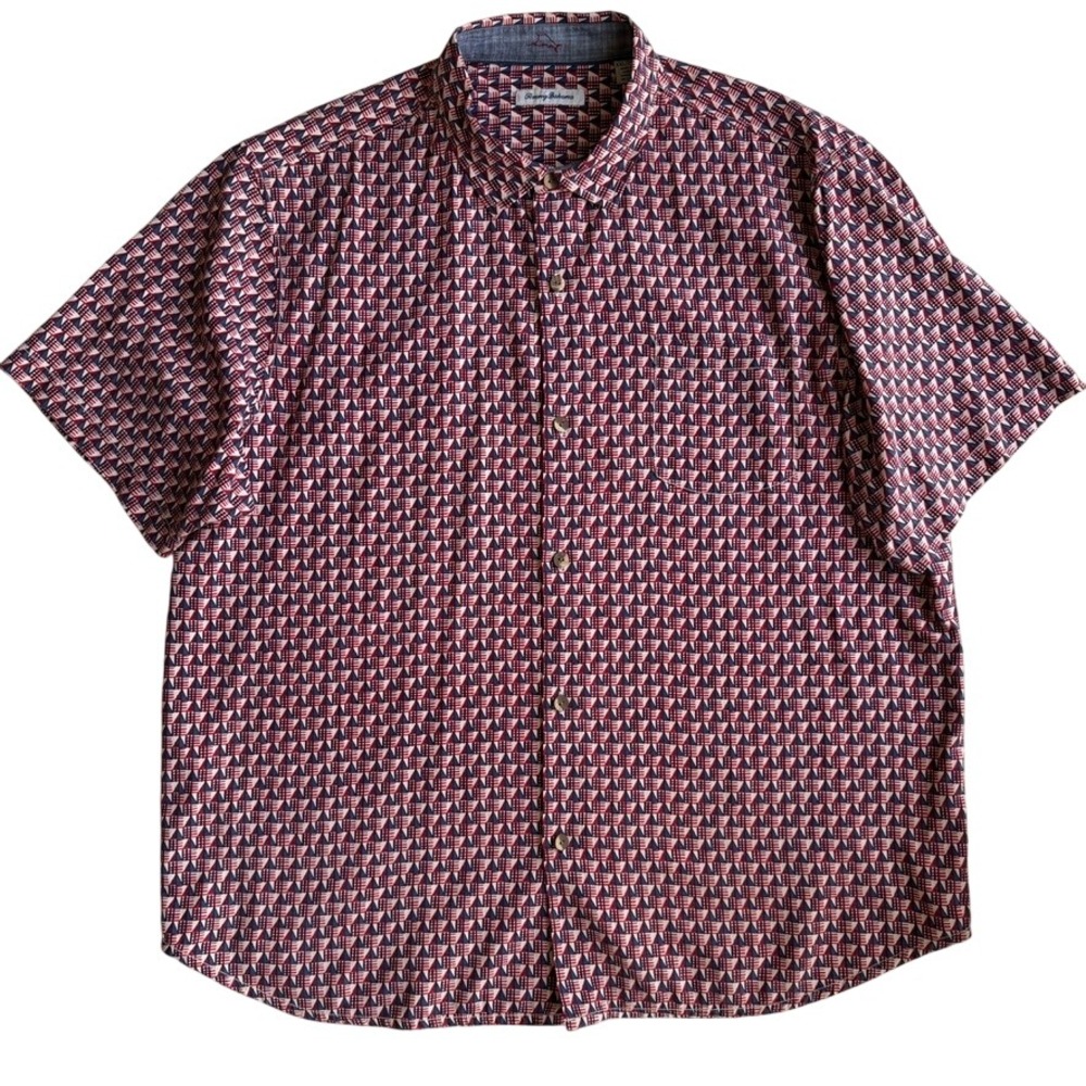 Tommy Bahama Pacific Geo Silk Camp Shirt‎ Java Red Cream Blue Button Up XXL